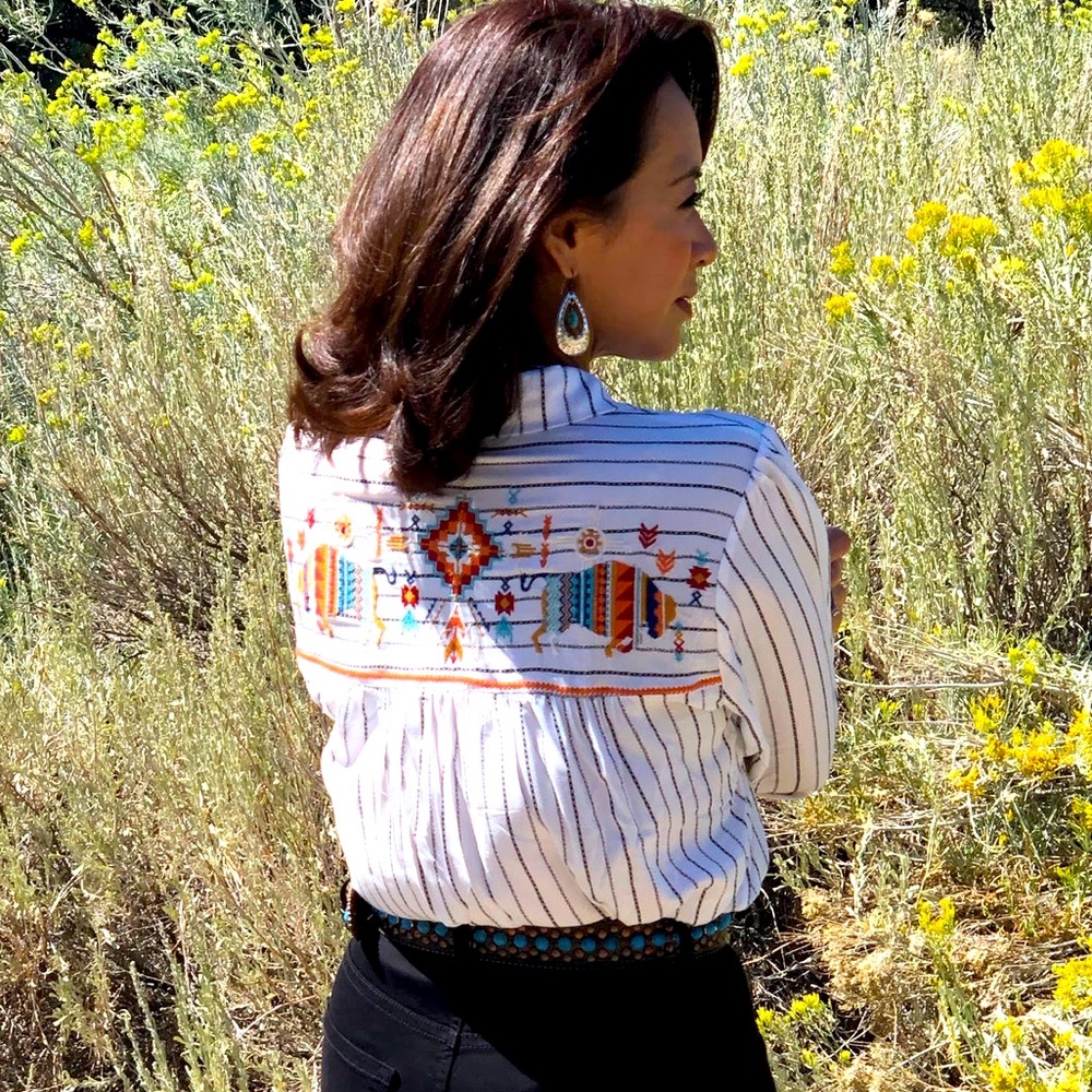 Western Embroidered Pinstripe Blouse